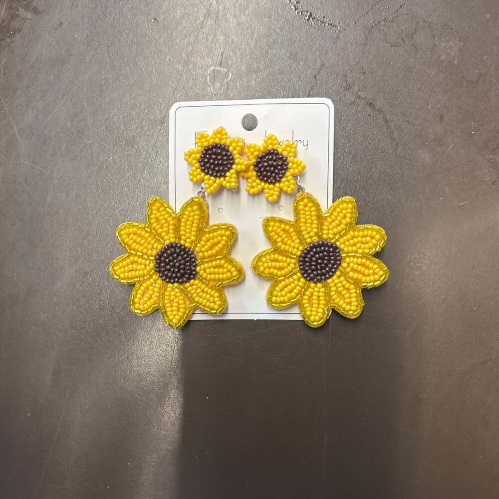 Yellow Sunflower Beaded Drop Earrings